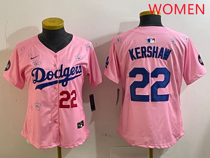 Women Los Angeles Dodgers 22 Kershaw Pink White Blue Sakura Edition 2025 Nike MLB Jersey style 2